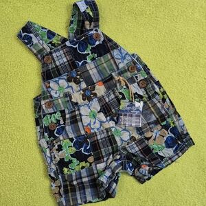 NWT 0-3M UNISEX Blue Green Plaid Floral Patchwork Overalls HAND DYED 2008 (Q9)